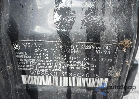 1999 BMW M3 из США, поврежденный, VIN WBSBK0335XEC40145